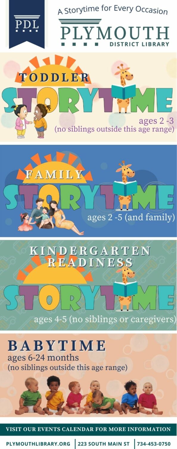 storytime logos for Toddler Storytime, Family Storytime, Kindergarten Readiness Storytime, and Babytime with descriptions of what ages can attend.