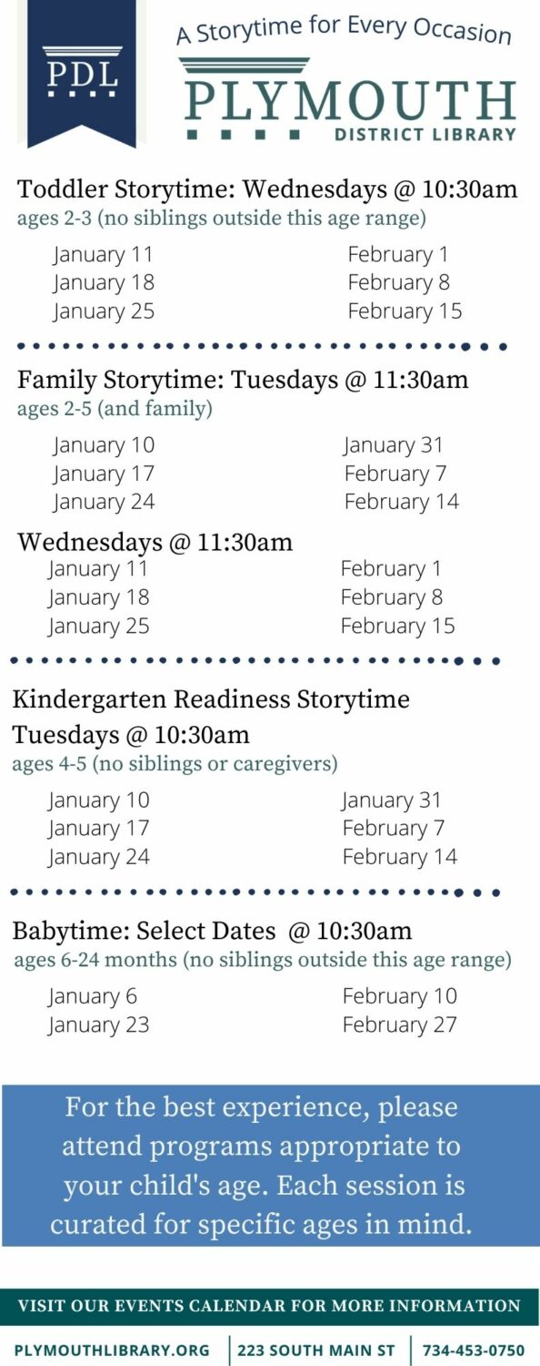 Storytime and Babytime dates and times for January 10th through February 27th.