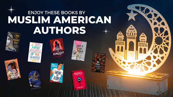 Header image featuring a moon night light with the outline of a mosque; text reads "enjoy these books by Muslim American authors" 