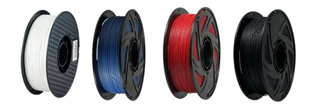 3D filament colors White, Blue, Red, and Black